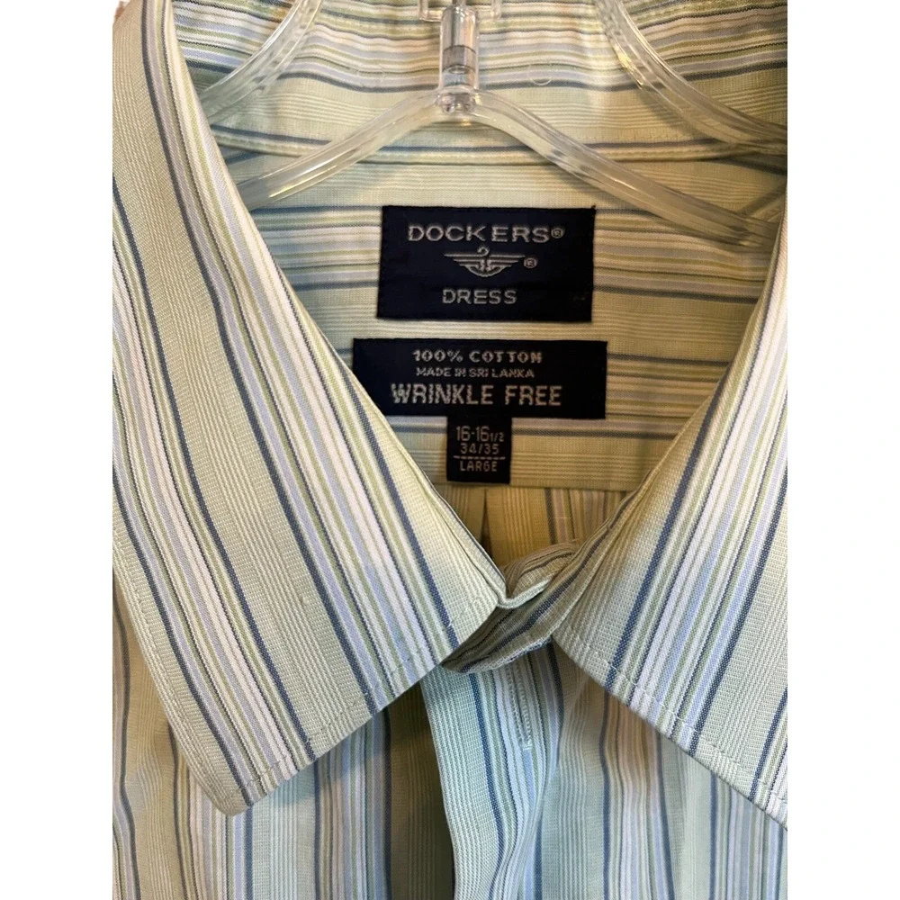 Dockers Dress Shirt Mens 16-16.5 34/35 Yellow Blue Striped Long Sleeve Career